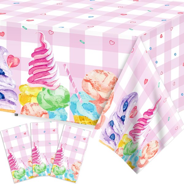 Adirasenotek 3Pcs Ice-Cream Party Tablecloths,Pink 87" Lx54 W Rectangular Plastic Table Covers,Kids' Party Disposable Tablecloths for Decoration,Birthday Party,Baby Showers