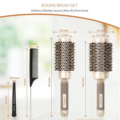 AIMIKE Hair Brush Set, Nano Thermal Ceramic & Ionic Tech Round Barrel Brush with Boar Bristles for Blow Drying, Enhance Texture for Styling, Curling and Shine, Includes 1 Tail Comb + 4 Hair Clips