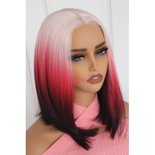QDBOWIN Wear Go Glueless Ombre Pink To Red Wig for Women Straight Lace Front Wigs Short Hair Bob Lace Wig