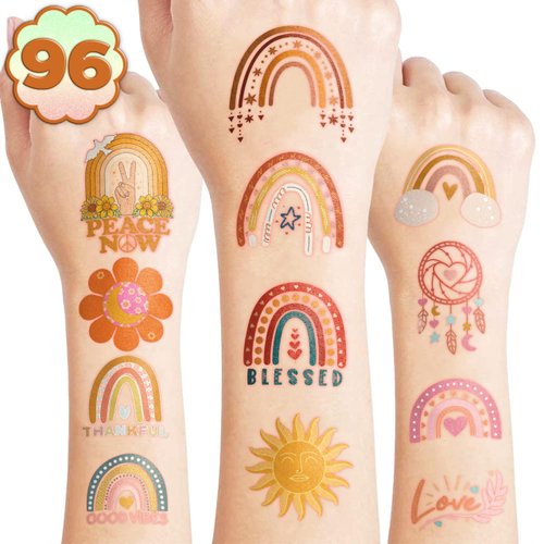 Boho Rainbow Temporary Tattoos Birthday Party Supplies Decorations 96 PCS Tattoos Stickers Bohemian Cute Party Favors Kids Boys Girls Gifts Ideas Classroom School Prizes Themed