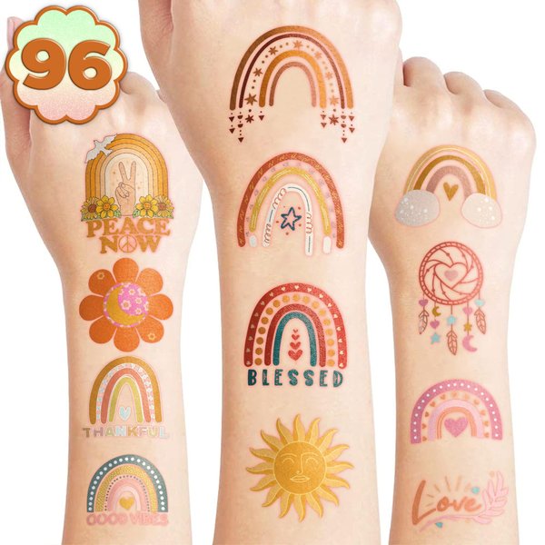 Boho Rainbow Temporary Tattoos Birthday Party Supplies Decorations 96 PCS Tattoos Stickers Bohemian Cute Party Favors Kids Boys Girls Gifts Ideas Classroom School Prizes Themed