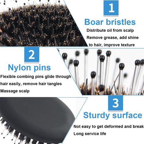 Boar Bristle Hair Brush Travel Detangling Paddle Brush for Curly Fine Straight Wet Dry Hair, Anti-frizz Detangler Brush Boar Nylon Mixed Bristle Brush for Women Men Kids