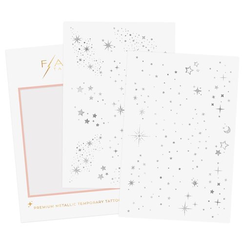 Flash Tattoos Fairy Dust Metallic Temporary tattoos-2 sheet mini pack | Includes over 23 premium silver foil giltter tattoos | face glitter, face gems, festival, face freckles, celestial, moon