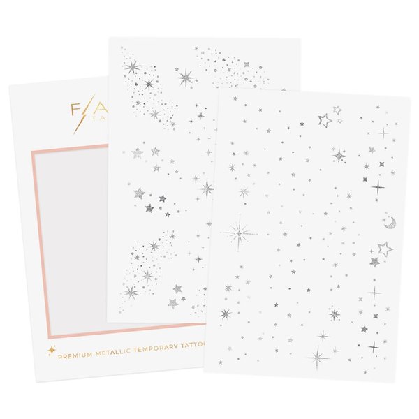 Flash Tattoos Fairy Dust Metallic Temporary tattoos-2 sheet mini pack | Includes over 23 premium silver foil giltter tattoos | face glitter, face gems, festival, face freckles, celestial, moon