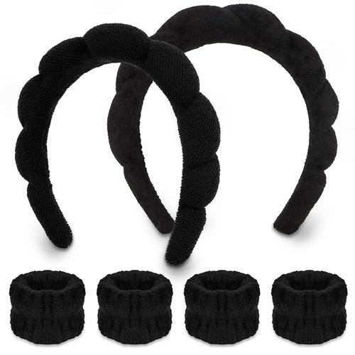 WHAVEL 6PCS Terry Cloth Spa Headband and Wristband Set, Makeup Headband Puffy Sponge Headband Face Wash Headband for Washing Face Women Mom Gifts(Black)