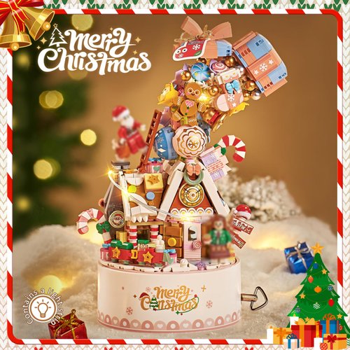 MEIEST Falls Building Blocks Rotating Music Box Set,Candy Flower Bonsai Botanical Collection with Light,Home Decor (Christmas)