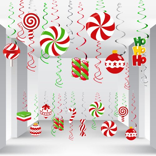 57pcs Christmas Candy Hanging Swirl Decoration Xmas Party Ceiling Hanging Streamers Christmas Peppermint Candy Cutouts Ornaments for Christmas Holiday Party Classroom Home Decor
