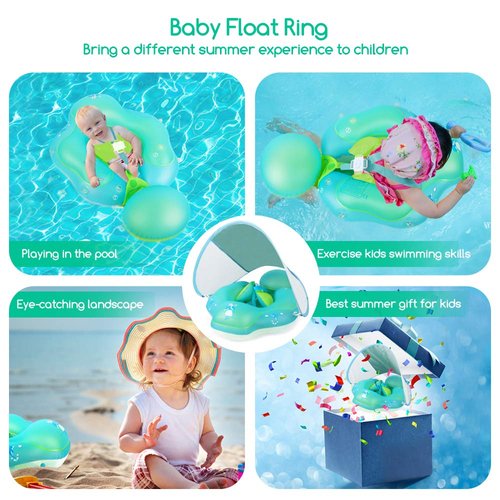 Relaxing Baby-Pool Float with Adjustable Seat Pocket with Canopy of UPF 50+UV Protection Anti-Slip Crotch, Add Tail Chamber Baby Floats for Pool Accessory Air Pump and 2 Pool Toys for Toddler 3M-3Yrs