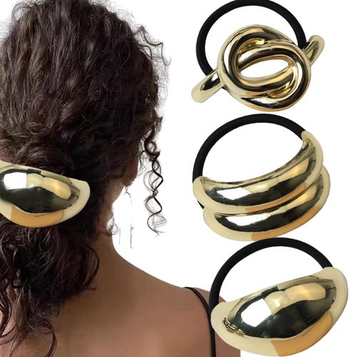 Generic Metal Hair Tie Ponytail Holder Elastic Hair Bands RopesElastic Hairband for Women Hair Rings Set 3 Pieces, Gold