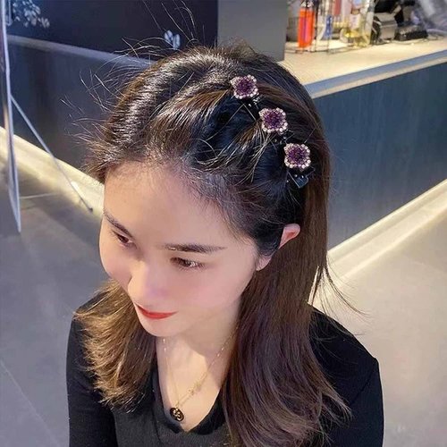 Sparkling Crystal Stone Braided Hair Clips, Satin Fabric Hair Bands, Four-Leaf Clover Chopped Hairpin Duckbill Clip Braided Hair Clip with 3 Small Clips Multi Clip Hair Barrette 4Pack (Four leaf hair clip)