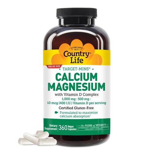 Country Life Target-Mins Calcium Magnesium with Vitamin D-Complex, 1000mg/500mg/10mcg, 360 Vegan ...