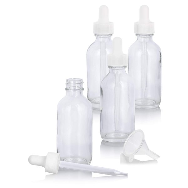 2 oz Clear Glass Boston Round White Dropper Bottle (4 Pack) + Funnel