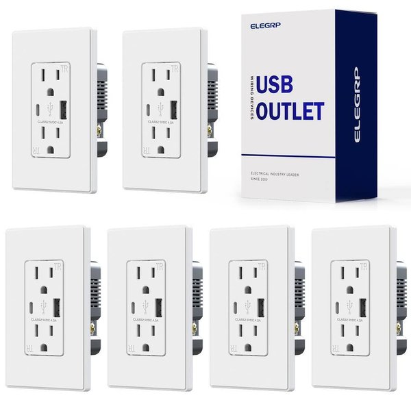 ELEGRP Wall Outlet with USB-A and USB-C Ports, 15A, Tamper Resistant, Wall Plate, UL Listed (6 Pack, Matte White)