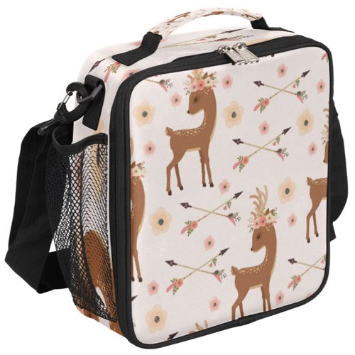 Animal Deer Lunch Box for Kids Flower Floral Lunch Bag for Girls Boys Insulated Freezable Lunchbox with Adjustable Shoulder Strap, Cooler Tote Bag for School, Travel, Picnic, Beach