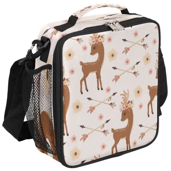 Animal Deer Lunch Box for Kids Flower Floral Lunch Bag for Girls Boys Insulated Freezable Lunchbox with Adjustable Shoulder Strap, Cooler Tote Bag for School, Travel, Picnic, Beach