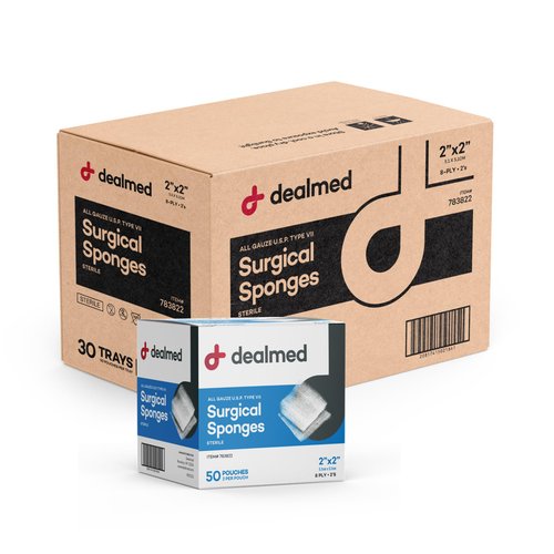 Dealmed 2" x 2" All Gauze Surgical Sponges, 8-Ply Sterile Woven Gauze Pad Wound Care for First Aid Kit and Medical Facilities, 2 Sponges/Pouch, 50 Pouches/Box (Case of 30)