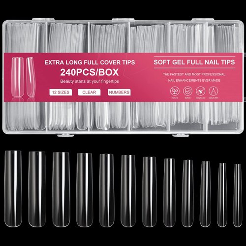 AORAEM Extra Long Square Full Cover Nail Tips 240PCS XXXL Clear Full Cover Fake Nails False Nails 12 Sizes Tapered Square Press on Fake Nail Tips for Acrylic Nails Salons Home DIY with Box