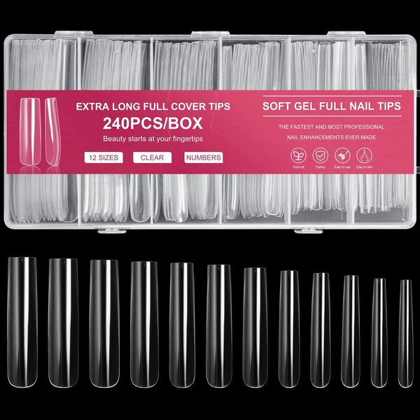 AORAEM Extra Long Square Full Cover Nail Tips 240PCS XXXL Clear Full Cover Fake Nails False Nails 12 Sizes Tapered Square Press on Fake Nail Tips for Acrylic Nails Salons Home DIY with Box