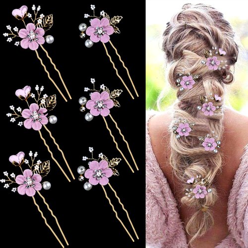 6 Pcs Bridal Flower Wedding Hair Pins Crystal Pearl Hair Pins Clips Headpiece Gold Wedding Hair A...