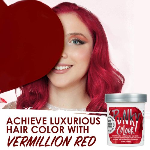 Punky Vermillion Red Semi Permanent Conditioning Hair Color, Vegan, PPD and Paraben Free, lasts up to 25 washes, 3.5oz