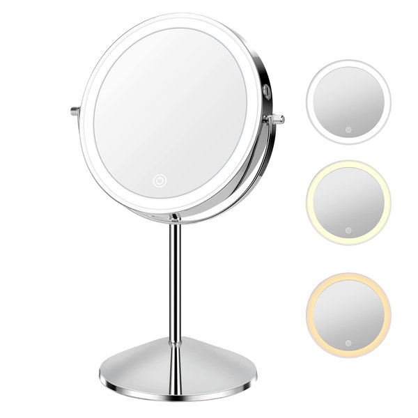 KuMers Lighted Makeup Mirror with Magnification, 10X 8’’Rechargeable Double Sided Vanity Mirror with Lights Magnifying Makeup Mirror with 3 Color Light with 360° Rotation, Detachable Base