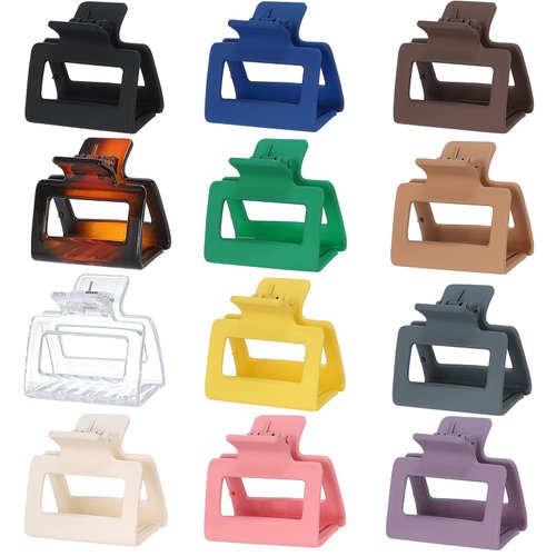 Sisiaipu 2 Inch Medium Hair Claw Clips 12 Pcs Square Hair Clips for Thin Hair Matte Nonslip Acrylic Banana Jaw Clips Bulk Hair Accessories for women and Girls - Basic