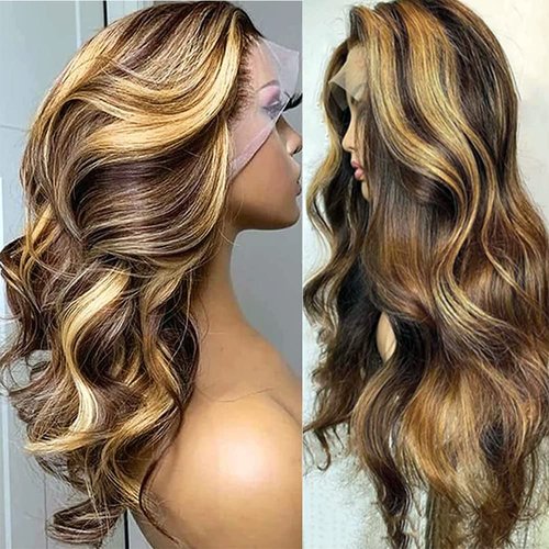 4/27 Brown Honey Blonde Highlight Ombre Lace Front Wigs Human Hair T Part HD Transparent Lace Body Wave Wigs 180% Density Brazilian Human Hair Brown Mix Golden Colored Wigs for Women(18 Inch)