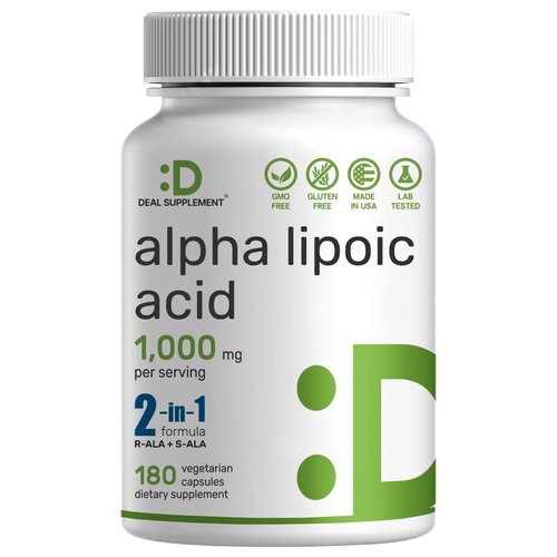 Alpha Lipoic Acid 1,000mg, 180 Veggie Capsules – 50/50 R-ALA & S-ALA for Max Bioavailability – Antioxidant Supplement – Energy & Nervous System Support – Non-GMO
