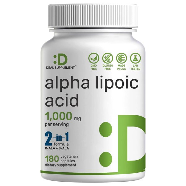 Alpha Lipoic Acid 1,000mg, 180 Veggie Capsules – 50/50 R-ALA & S-ALA for Max Bioavailability – Antioxidant Supplement – Energy & Nervous System Support – Non-GMO