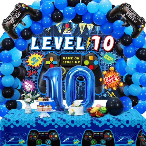 Vlipoeasn 90PCS 10th Birthday Video Game Party Decorations for Boys Set Blue 10th Birthday Supplies -10th Video Game Backdrop, Balloons, Tablecloth, Gamer and 10 Foil Balloons for 10th Birthday Party