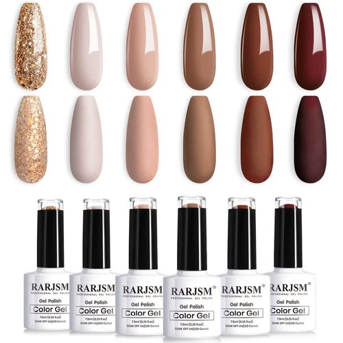 RARJSM Gel Nail Polishes Set of 6pcs Brown Coffee Wine Red Burgundy Nude Purple Pink Champagne Gold Glitter Winter Color Gel Polish Soak Off Curing Require Nail Manicure Salon Beginner DIY at Home