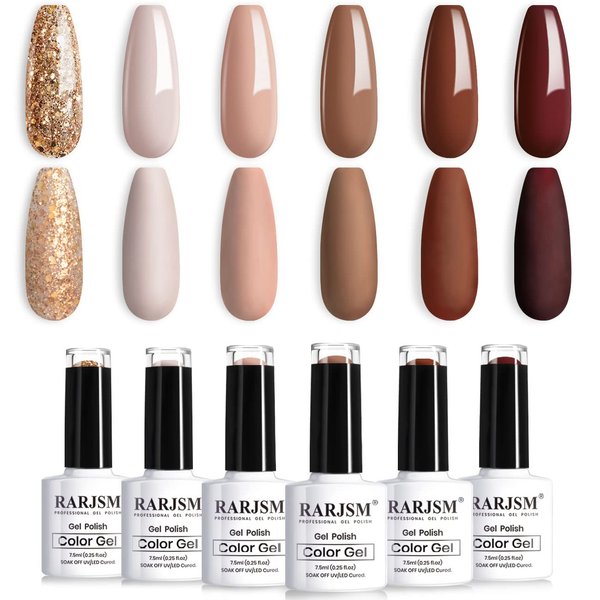 RARJSM Gel Nail Polishes Set of 6pcs Brown Coffee Wine Red Burgundy Nude Purple Pink Champagne Gold Glitter Winter Color Gel Polish Soak Off Curing Require Nail Manicure Salon Beginner DIY at Home