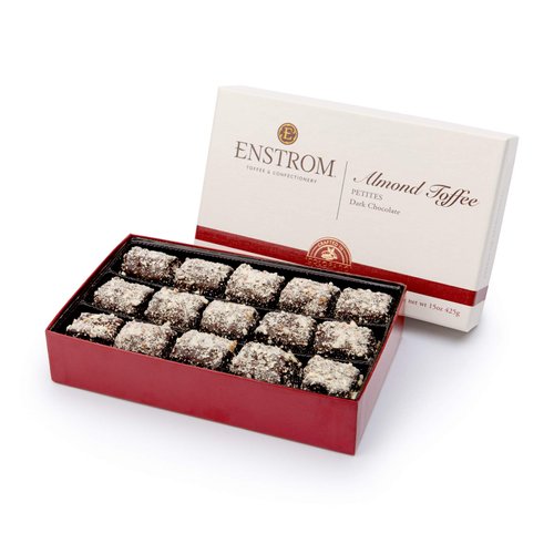 Enstrom Dark Chocolate Almond Toffee Petites 15oz box | Bite-size | Gluten Free | Kosher Dairy | All Natural