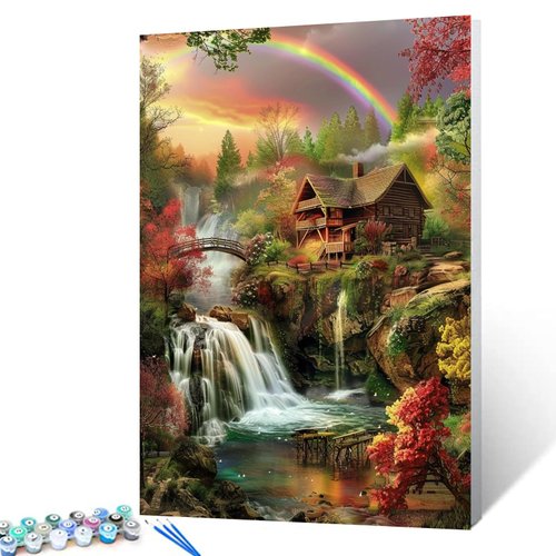 Fantasy Nature Landscape Paint by Numbers Kits with Brushes and Acrylic Pigment Painting for Adults Beginner Waterfall ,Rainbow ,Wooden House Pictures Arts Craft Home Decor16''x20'' (DIY Framed)