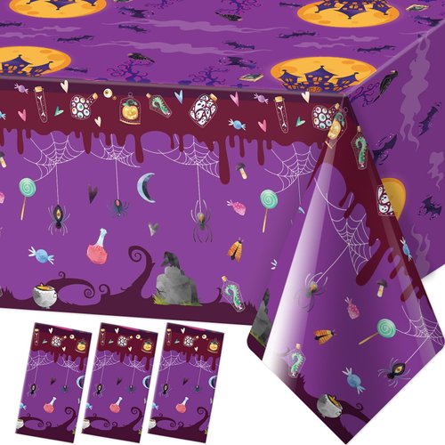 Halloween Tablecloths 3 Pack Halloween Purple Plastic Party Decorations 54 x 108 Inches Halloween Party Table Cover