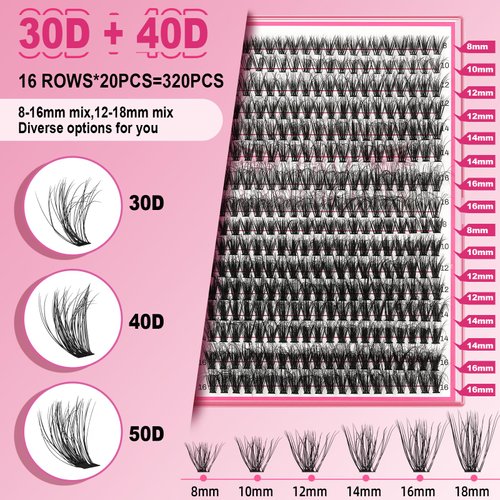 Lash CIusters 320Pcs Individual Lashes 3D Fluffy Cluster Lashes Natural Look Eyelash Clusters Faux Mink Wispy Lashes 30D+40D-C Mixed DIY Lash Extension (3D Fluffy-30D+40D-C,8-16mix)