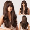 Honygebia Dark Brown Wig with Bangs - Long Wavy Brunette Wigs for Women, Chocolate Brown Synthetic Heat Resistant Hair, Natural Looking Long Brown Wig - Best Wigs for Halloween/Christmas/Party