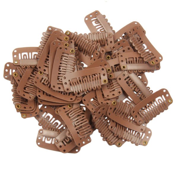 20pcs U Shape Snap Clips for Wigs or Hair Extensions or Hair Weave Weft Metallic Wig Clips With Silicon Rubber DIY Clip ins 3.2cm Width 1.2g/pc Light Brown Color (Light Brown -20pcs)
