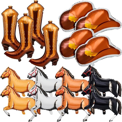Western Themed Party Balloons 8 Pcs Horse Balloons 4 Pcs Cowgirl Boot Balloons and 4 Pcs Cowgirl Hat Foil Balloons Western Cowboy Party Decorations for Western Themed Birthday Party
