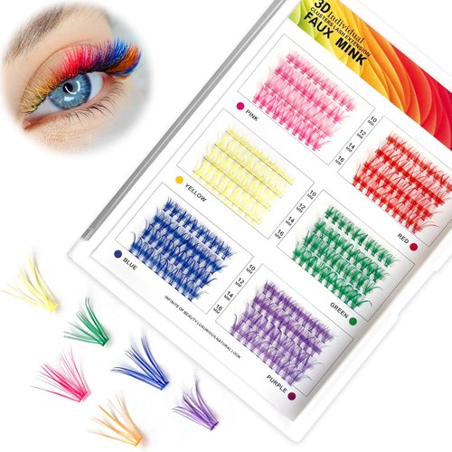 MUIIGOOD Colored Lash Extension Kit 240 Pcs DIY Lash Clusters Individual 14mm 16mm Mixed 6 Colors Soft False D Curl Eyelashes Rainbow Colorful Cluster Lashes Reusable Fluffy Lash for Women Girls