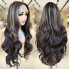 SOKU Lace Front Wigs Synthetic for Women 30 Inch Highlight Brown Wig Long Body Wave Heat Resistant Wigs T part Transparent Swiss lace Wig for Daily Wearing Pre Plucked Glueless Lace Wig