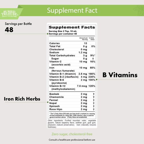 Buried Treasure Herbal Iron - 48 Servings, Liquid Iron and Herbal Supplement, Vitamin C & B Complex Vitamins, Iron-rich Greens, Vegan Iron for Men and Women