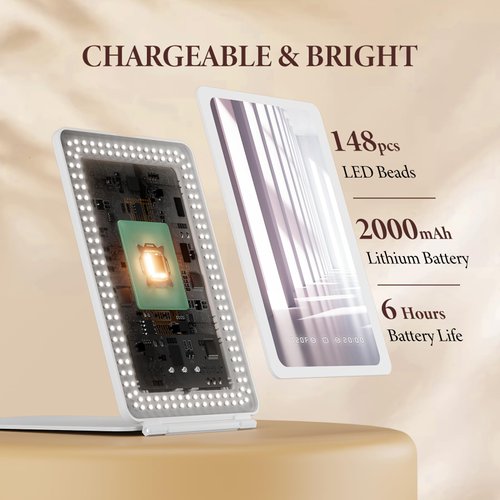 Zemmys Travel Makeup Mirror with Time & Temperature Display, 2000mAh Rechargeable Battery, 7.5" Portable Foldable Lighted Mirror with 148 Led Lights, 3 Color Lighting Modes, Touch Dimming