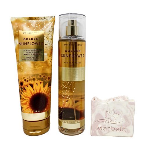 Bath and Body Works Golden Sunflower 24 hour moisture ultra shea Body Cream and Fine Fragrance Mist with a Himalayan Salts Springs Sample Soap.