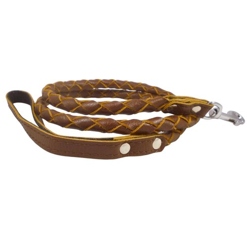 4-thong Round Fully Braided Genuine Leather Dog Leash, 4 Ft x 5/8" (15mm) Brown, Medium Breeds