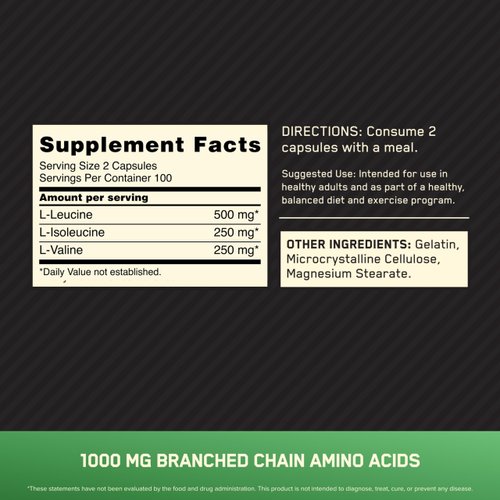 Optimum Nutrition Instantized BCAA Branched Chain Essential Amino Acids Capsules, 1000mg, 200 Count