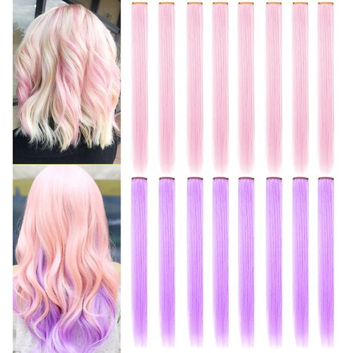 IAMERUI Multi-colors Party Highlights Straight Hair Colorful Clip in Synthetic Hair Extensions in Multiple Colors Heat Resistant Long Hairpiece 16PCS (Light Pink+Light Purple)