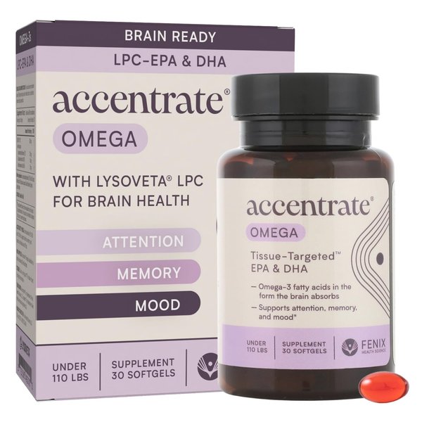 Omega w/LYSOVETA LPC | EPA & DHA Supplements for Brain Health | Focus, Attention, Memory, & Mood | 6X Higher Absorption Than Fish Oil | Omega-3 Fatty Acid Supplements | Highest Potency LPC-DHA