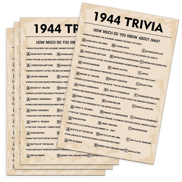 80th Birthday Party Games, 1944 Trivia Games, Birthday Party Supplies for Adults, Fun 1944s Party Game，Pack of 30 Cards