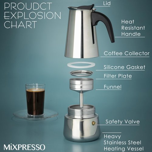 Mixpresso 6 Cup Greca Coffee Maker Stovetop Espresso Coffee Maker, Moka Coffee Pot with Coffee Percolator Design, Stainless Steel Stovetop Espresso Maker, Italian Coffee Maker 300ml/10oz